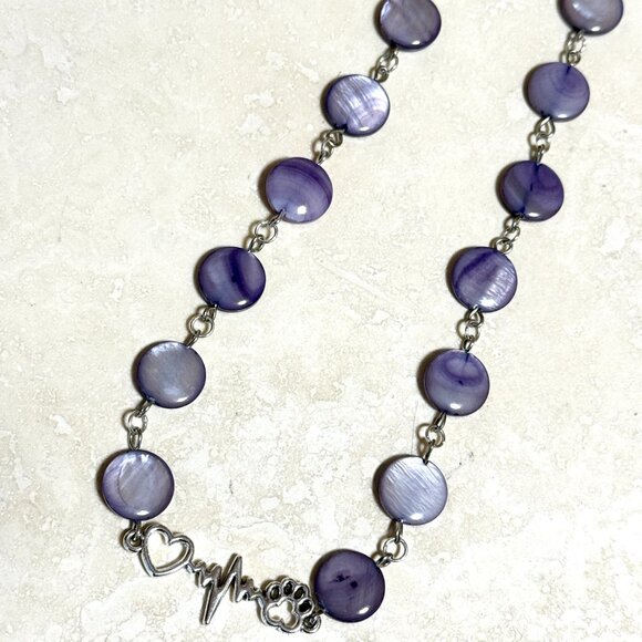 Purple Mother of Pearl Beaded Short Necklace + Paw Print Heart Beat Pendant - Picture 5 of 13